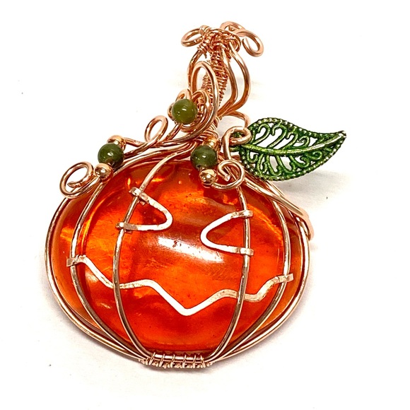 HANDMADE Jack-O-Lantern Resin Art Hand Wrapped Bare Copper Pumpkin Pendant - Picture 7 of 10